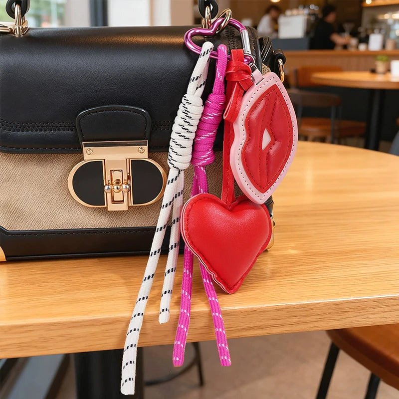 Trendy Leather Heart Bow Keychain