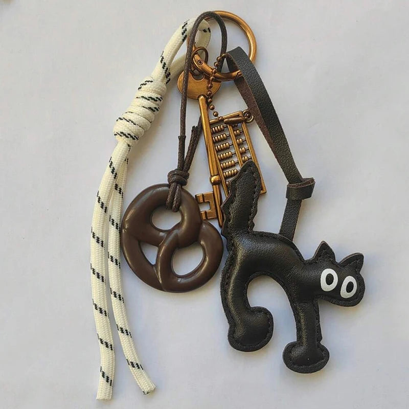 Classic Cute Leather Chocolate Cat Keychain Pendant