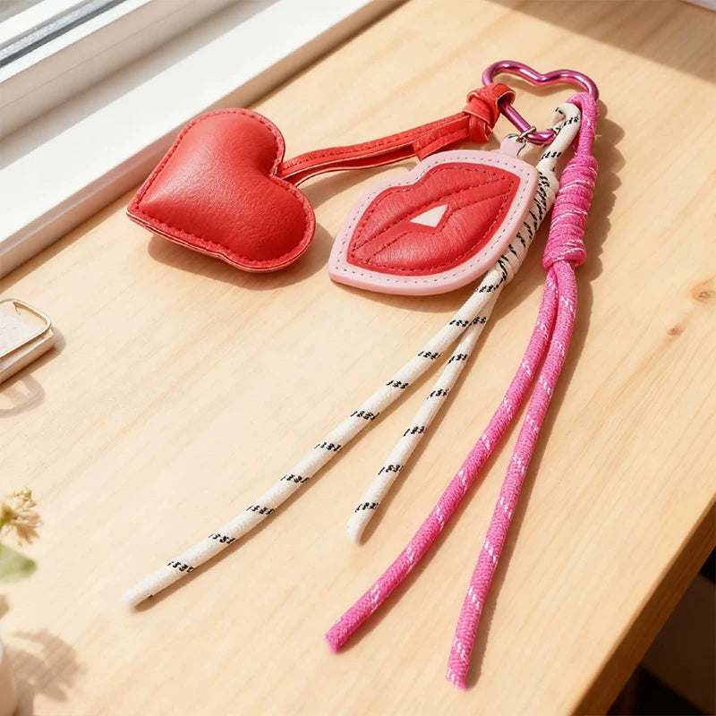 Trendy Leather Heart Bow Keychain